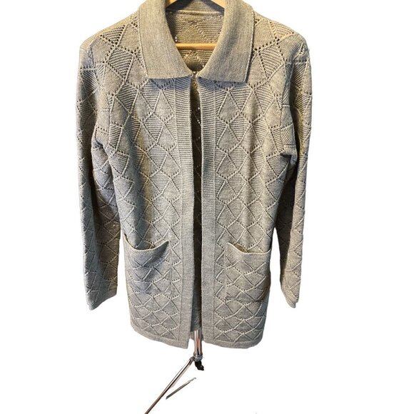 Vintage 80s 90s Gray Collared Long Open Patterned Cardigan Sz L? - Picture 1 of 9